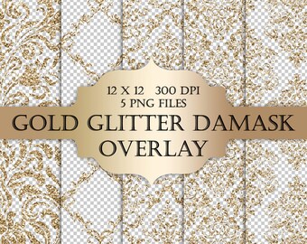 Gold Glitter Damask Digital Clip Art Overlay  - damask glitter metallic sparkle transparent background for scrapbooking invitations cards