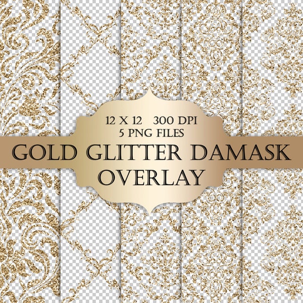 Gold Glitter Damask Digital Clip Art Overlay  - damask glitter metallic sparkle transparent background for scrapbooking invitations cards