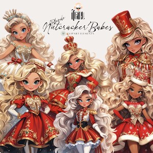 Op de afbeelding: Vijf blonde poppen gekleed in rode en gouden notenkrakerkostuums. De poppen hebben verschillende kapsels en gezichtsuitdrukkingen. De afbeelding heeft de titel "Blonde Nutcracker Babes" met de tekst "12 Clipart Elements".