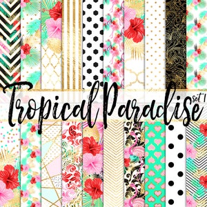 Tropical Flowers Digital Paper summer backgrounds flamingo tropical leaf flowers gold foil beach wedding scrapbook planner stickers clipart