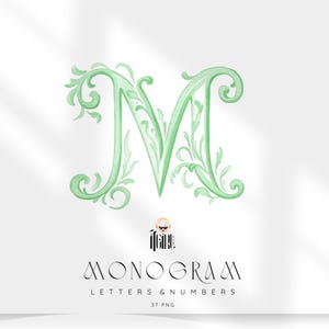 May include: A watercolor-style green letter "M" with ornate floral detailing. The image includes the text "MONOGRAM LETTERS & NUMBERS" and "37 PNG" in a stylish font, suitable for digital design projects.