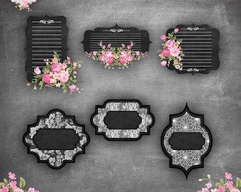 Shabby Chic Chalkboard Labels Digital Clipart - Vintage floral & lace pattern journaling labels frames transparent background png clipart