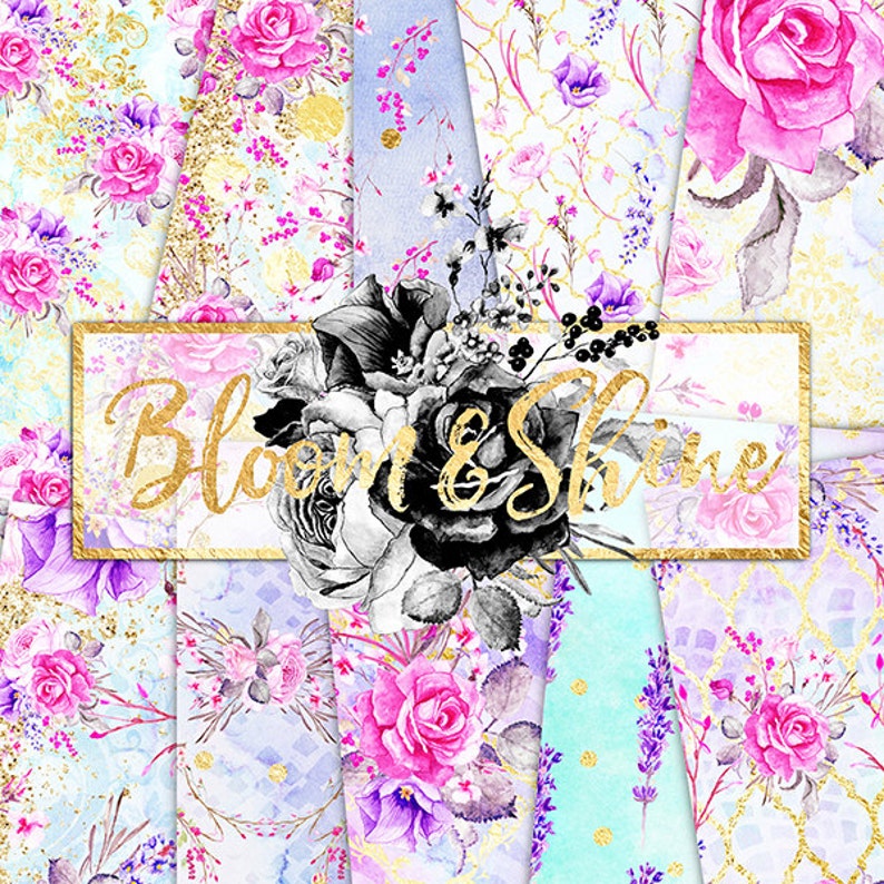 Aesthetic Roses Digital Paper Watercolor shabby chic gold foil indie floral wedding flowers painting pink aesthetic grunge aesthetic