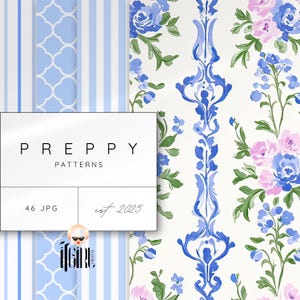 Papier numérique sans couture aquarelle BCBG, damassé florale, motifs floraux pastel, imprimé chambre de bébé, rayures preppy, carreaux preppy