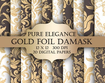 Gold Foil Damask Digital Paper Pack - floral gold metallic foil pattern backgrounds for scrapbooking, wedding invitations, cards