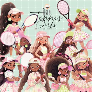 Preppy Tennis Girl Clipart, clipart mignon joueur de tennis, clipart tennis, clipart aquarelle, impression tennis, clipart raquette de tennis, anniversaire PNG
