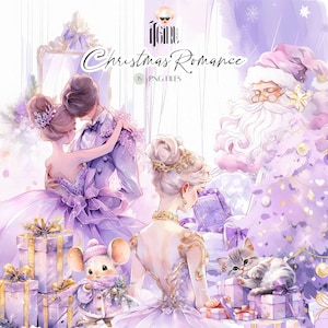 Clipart romantique de Noël aquarelle, clipart couple, clipart vacances aquarelle, ballerine, autocollants drôles de père Noël, cadeaux de Noël, fichier PNG