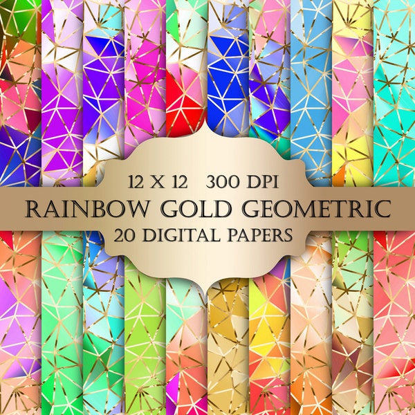 Gold Rainbow Geometric Digital Paper - triangles sparkle metallic polygonal printable backgrounds scrapbooking invitations cards