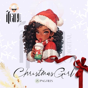 Funny Christmas Clipart, black girl clipart, watercolor christmas clipart, cute santa clipart, christmas drink, christmas sublimation PNG