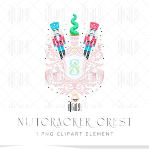Può includere: Un design di stemma decorativo con due figure di schiaccianoci in uniformi rosse e blu che fiancheggiano un'arte topiaria verde. Lo stemma include uno scudo centrale con un'iniziale, circondato da volute e banner rosa ornati. Il testo "NUTCRACKER CREST" è in basso.