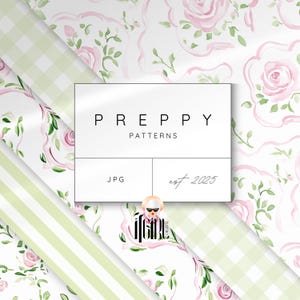 May include: A digital download of three seamless patterns featuring pink watercolor roses on a white background. The patterns are arranged in a collage with a logo that reads "Preppy Patterns est. 2025" and the word "JPG".