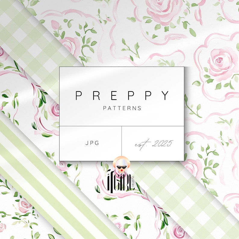 May include: A digital download of three seamless patterns featuring pink watercolor roses on a white background. The patterns are arranged in a collage with a logo that reads "Preppy Patterns est. 2025" and the word "JPG".
