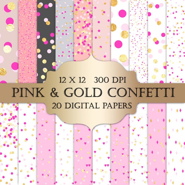 Valentines Confetti Digital Paper - gold foil confetti pink gold polka dot hearts triangles confetti glitter printable backgrounds planner