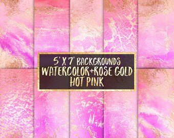 Hot Pink Watercolor Rose Gold Digital Paper wedding invitation template rose gold foil gold watercolor scrapbook planner stickers clipart