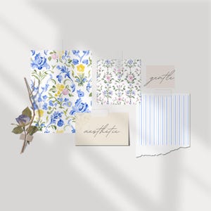 May include: A collection of patterned papers with floral designs in blue, yellow, and pink. The papers are arranged on a white background with the words "gentle" and "aesthetic" written on two of the papers.