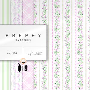 Może przedstawiać: Kolekcja cyfrowych wzorów preppy w odcieniach różu, zieleni i bieli. Wzory obejmują motywy kwiatowe, w paski i geometryczne. Obraz zawiera tekst "PREPPY PATTERNS" i "est. 2025".