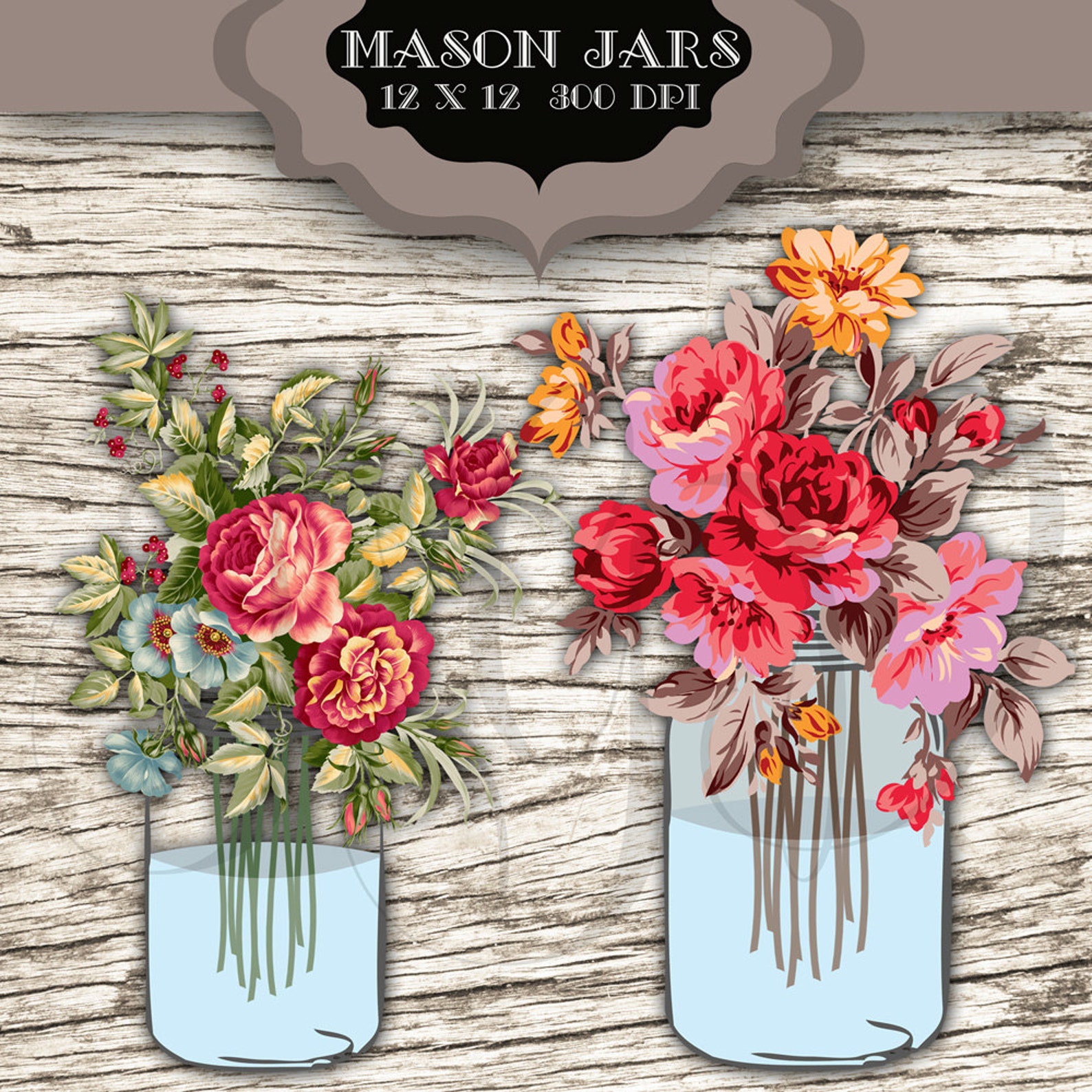 Wedding Clip Art Mason Jar Bouquet Digital Clipart Vintage | Etsy