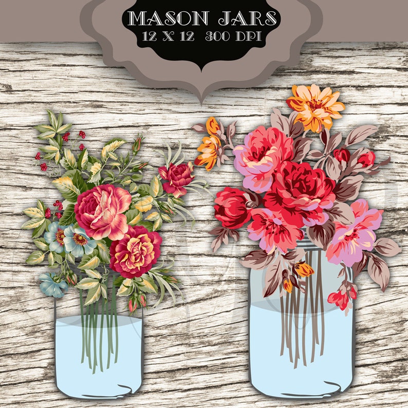 Wedding Clip Art Mason Jar Bouquet Digital Clipart Vintage | Etsy