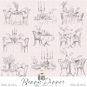 May include: A set of 16 black and white digital illustrations of bunnies having dinner. The bunnies are dressed up and sitting at tables with candles and flowers. The illustrations are perfect for creating invitations, cards, or other projects.