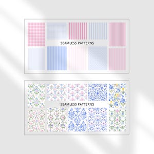 May include: A set of 12 seamless patterns featuring pink and blue gingham, stripes, and floral designs. The patterns are labeled "Seamless Patterns".