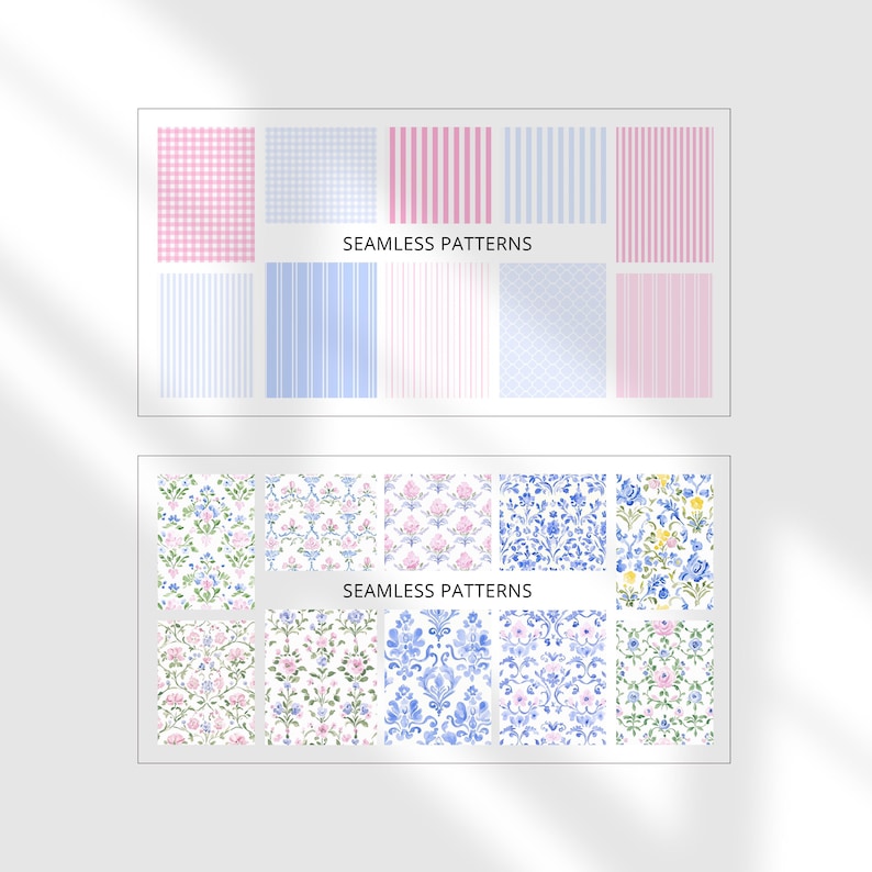 May include: A set of 12 seamless patterns featuring pink and blue gingham, stripes, and floral designs. The patterns are labeled "Seamless Patterns".