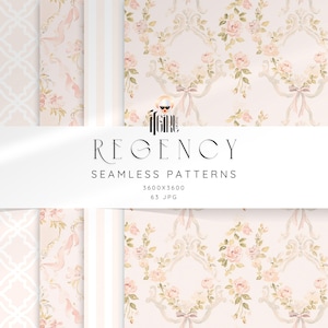 May include: A collection of "Regency" seamless patterns in soft pink and cream tones. The patterns include floral designs, ribbons, and geometric shapes. The image also includes the text "Regency Seamless Patterns 3600x3600 63 JPG".