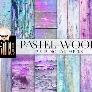 May include: A digital paper set featuring twelve 12 x 12 inch pastel wood textures. The textures showcase a variety of colors, including blue, purple, and pink, with distressed and weathered effects. The text "PASTEL WOOD" and "12 X 12 DIGITAL PAPERS" are displayed.