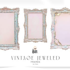 May include: Three ornate vintage frames with a light pink interior and white and blue jeweled trim. The frames have intricate details and are labeled "VINTAGE JEWELED FRAMES".