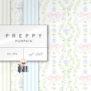 Grandmillenial Blue and Green Pumpkin Patterns, Preppy Autumn Seamless Digital Paper, Watercolor Floral Vines, Trellis Repeating Pattern