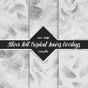 Silver Foil Tropical Leaf Overlays - tropical leaves silver summer clipart exotic overlays wedding digital paper scrapbook planner stickers