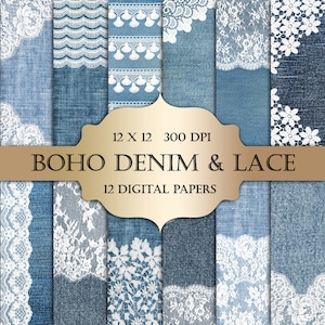 Jean & dentelle de papier numérique - Jean dentelle Vintage textures clipart Bohème motifs scrapbook mariage invitation cartes planificateur autocollants