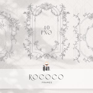 Puede incluir: Una colección de marcos rococó en color gris claro, con diseños florales y de volutas. La imagen incluye el texto "40 PNG" y la marca "ifgirl" y "ROCOCO FRAMES". Los marcos están dispuestos sobre un fondo blanco.