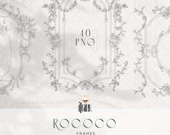 Rococo Floral Hand Drawn Ornamental Frames: Baroque Wedding Line Art PNG Clipart