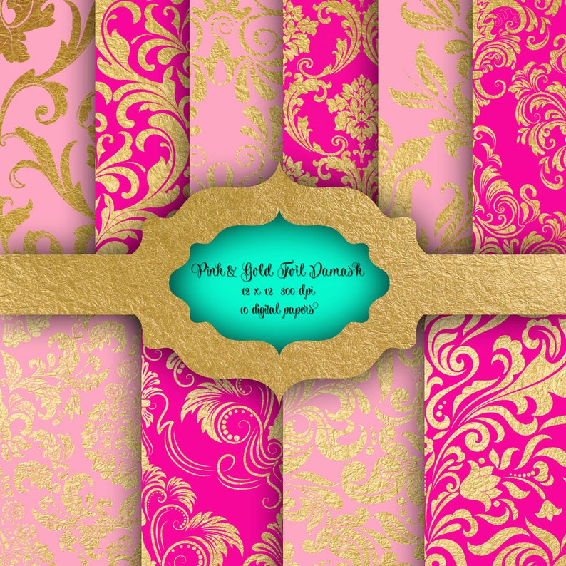 Pink & Gold Foil Damask Digital Paper Pack Floral Gold Etsy UK