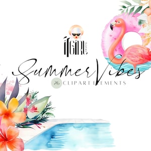 Summer Clipart, watercolor clipart, watercolor flowers, flamingo, sublimation, pool clipart, wedding clipart, summer vibes, best seller png