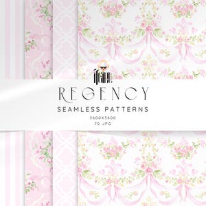 Könnte beinhalten: Digitale nahtlose Muster im Regency-Thema. Die Muster zeigen florale Designs, Bänder und Streifen in Rosa- und Grüntönen auf weißem Hintergrund. Der Text "REGENCY SEAMLESS PATTERNS" wird angezeigt.