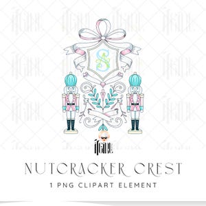 May include: A digital illustration featuring a Nutcracker Crest design. The crest includes a shield with a monogram, a ribbon, and two nutcracker figures in pink and blue uniforms. The text "NUTCRACKER CREST" and "1 PNG CLIPART ELEMENT" are at the bottom.