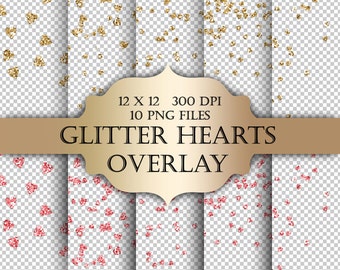 May include: Ten digital paper overlays featuring gold and red glitter hearts on a transparent background. The overlays are 12 inches by 12 inches and 300 DPI. The text "Glitter Hearts Overlay" is displayed on a gold label.