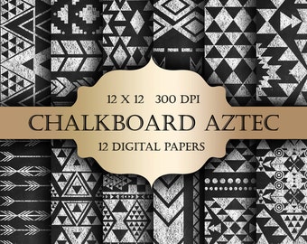 Chalkboard AZTEC Digital Paper Pack - Ethnic tribal chalk triange geometric pattern background for scrapbooking, wedding invitations, cards