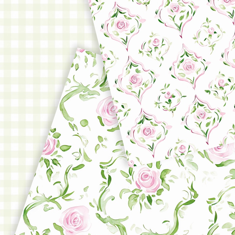 May include: Three different floral patterns with pink roses and green leaves on a white background. The patterns are arranged in a triangular shape.