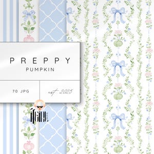 Grandmillenial Blue Pumpkin Patterns Preppy Autumn Seamless Digital Paper, Watercolor Floral Vines, Floral Stripes Trellis Repeating Pattern
