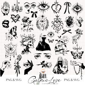 May include: A set of 30 black and white gothic-themed illustrations. The illustrations include hearts, eyes, skulls, butterflies, roses, and other gothic imagery. The illustrations are perfect for use in digital scrapbooking, card making, and other creative projects.