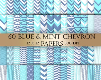 Blue & Mint Chevron Digital Paper Pack: 60 Geometric Backgrounds (Digital Download)