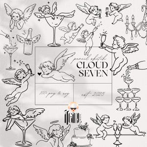 Peut inclure: Illustrations en noir et blanc de lignes d'anges avec des ailes, buvant du champagne dans des verres à martini. Le texte "pencil sketch CLOUD SEVEN est 2025" est inclus dans l'image.