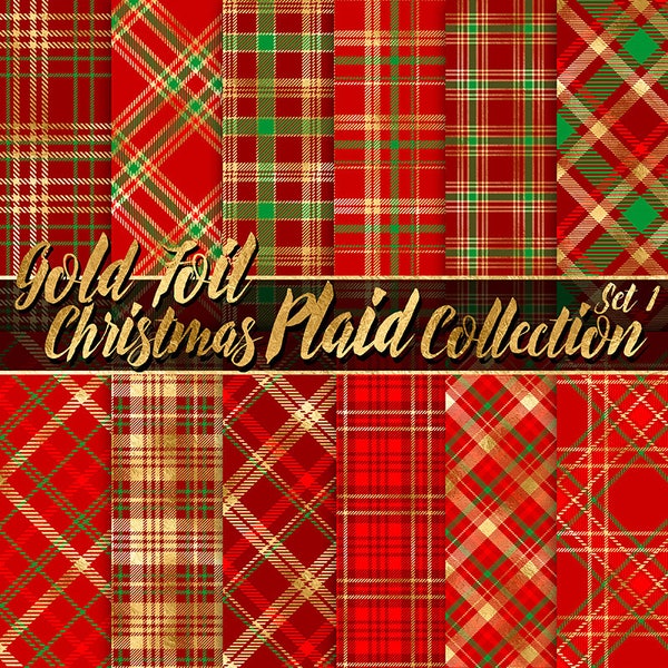 Gold Foil Christmas Plaid Digital Paper: christmas paper gold foil red and green printable scrapbook plaid backgrounds christmas party