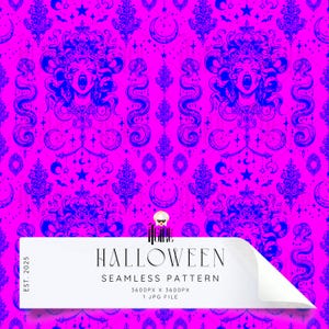 May include: A seamless Halloween pattern in bright pink and blue. The design features Medusa heads, snakes, moons, stars, and decorative elements. The image includes the text "HALLOWEEN SEAMLESS PATTERN" and file details.