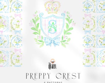Grandmillennial Monogram Crest PNG: Preppy Pastel Frames Clipart and Floral Seamless Patterns