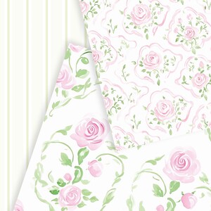 May include: Three different patterns of pink roses on a white background. The patterns are all floral and feature pink roses with green leaves.