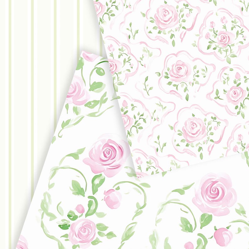 May include: Three different patterns of pink roses on a white background. The patterns are all floral and feature pink roses with green leaves.