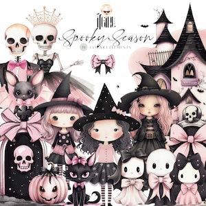 Pink Halloween Watercolor Clipart, Cute Pastel Halloween, Pink Pumpkin Clip Art, Rose Halloween, Ghosts, Skull Girl PNG halloween sticker
